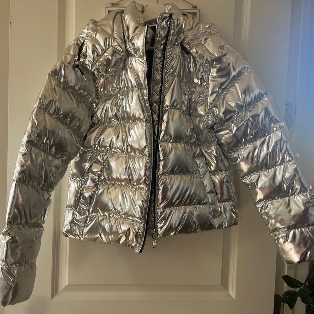 Polo New with tags Metallic Silver Short Puffer Jacket with Quilted Design